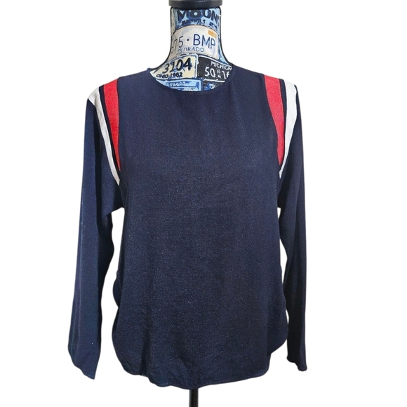 Maje Crew Neck Varsity Stripe Navy Blue Red White Sweater 3 Large - Picture 1 of 10